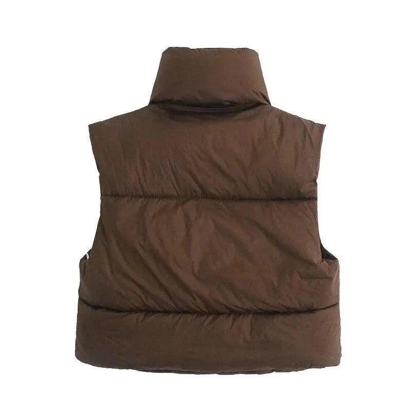 New Chic Lady Fashionable Women's Casual High Collar In Coffee Color Short Outwear Zippers Sleeveless Jackets Vest