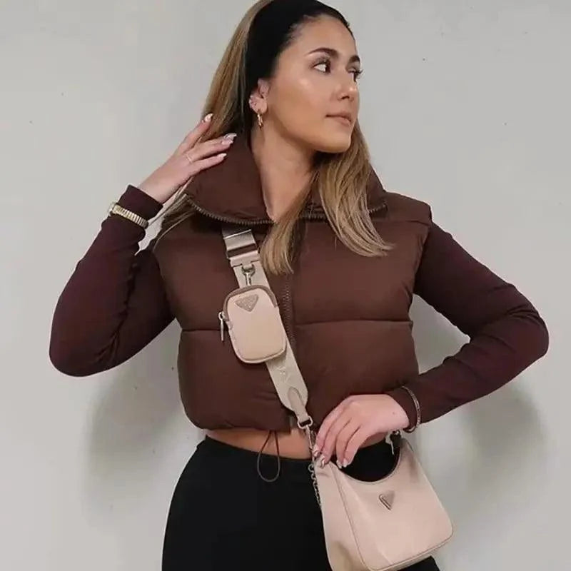 New Chic Lady Fashionable Women's Casual High Collar In Coffee Color Short Outwear Zippers Sleeveless Jackets Vest