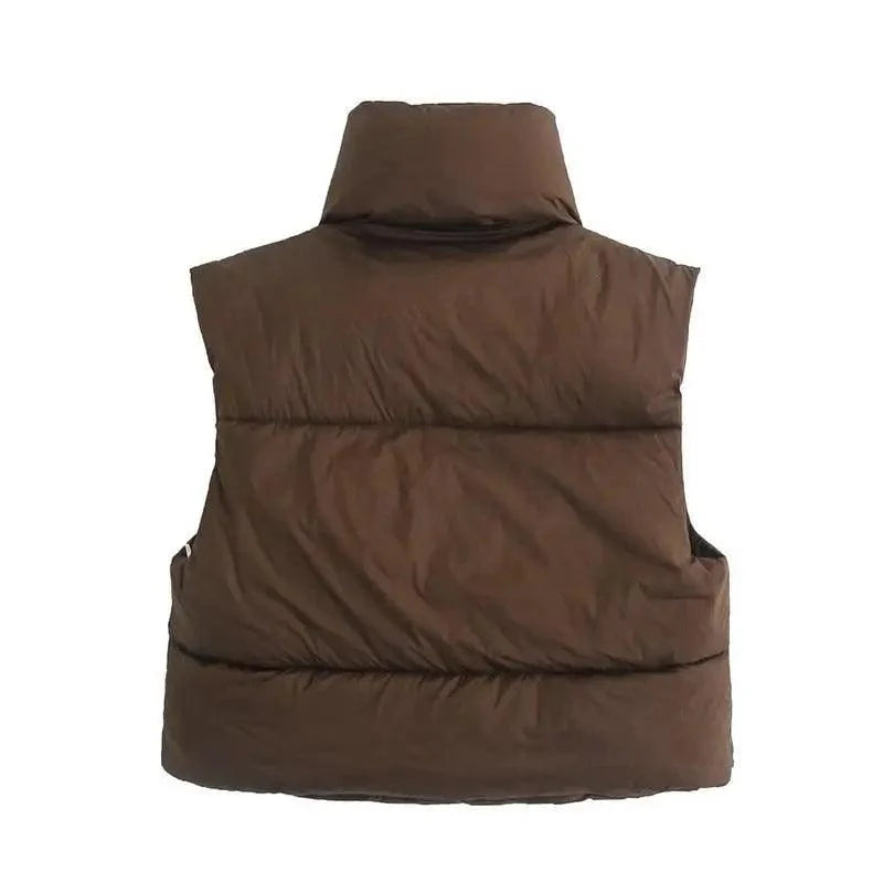 New Chic Lady Fashionable Women's Casual High Collar In Coffee Color Short Outwear Zippers Sleeveless Jackets Vest