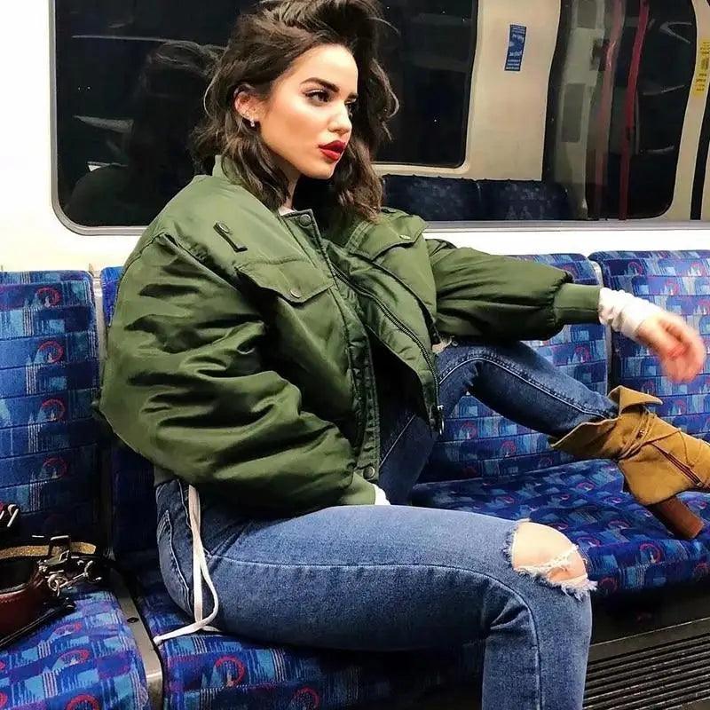 New Classic Design Autumn Winter Green Short Jackets Women Fashionable Long Sleeve Zipper Bomber Jacket Outwear Women's Coat