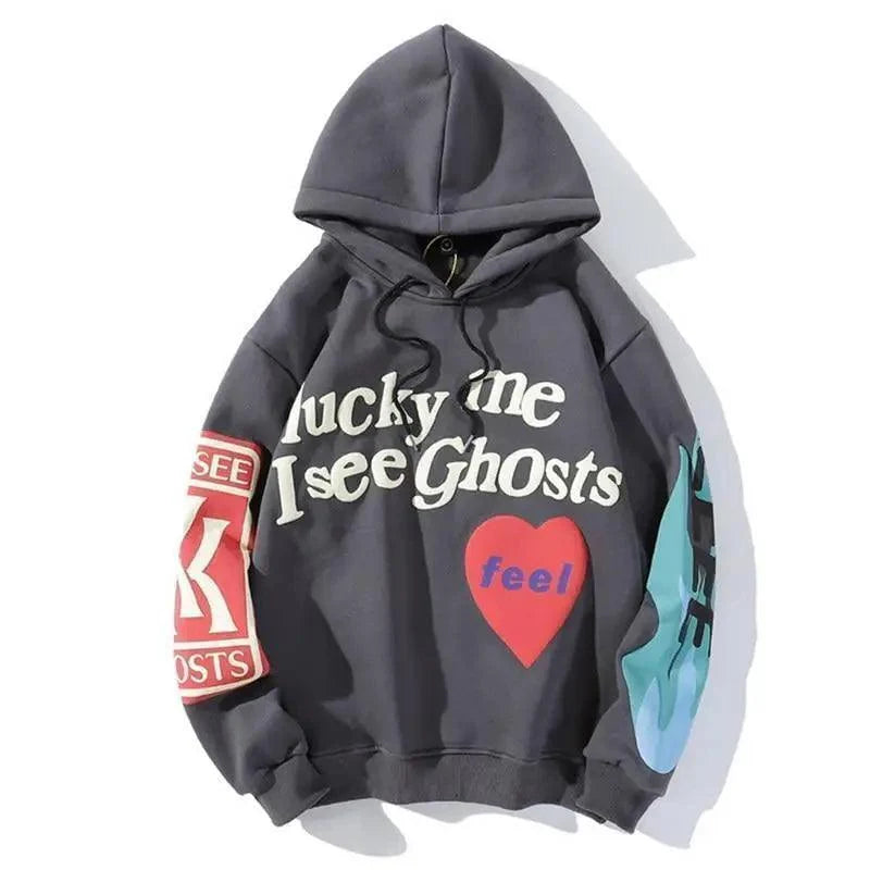 New Cool Printed Hoodies For Men Trendy Stylish Casual Wear For Winter Party Wear  Men Hooded Sweatshirts Lucky Me I See Ghosts Hoodie Hip Hop Street Rapper Unisex Couple Sweatshirt With Novelty Printing for Men Women