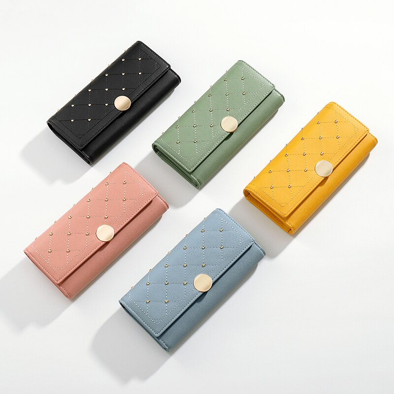 NEW Designer Rivet Button Trifold Long Wallet Women Big Capacity Female Wallets Thread Female Ladies Purse Phone Pocket Clutches