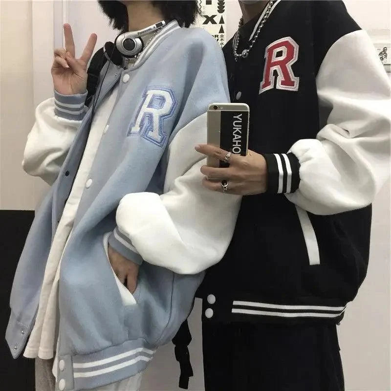 New Elegance Spring Autumn Coat Baseball Bomber Jacket Loose Letter R Men Women Couples Tops Plus Size Jackets Streetwear