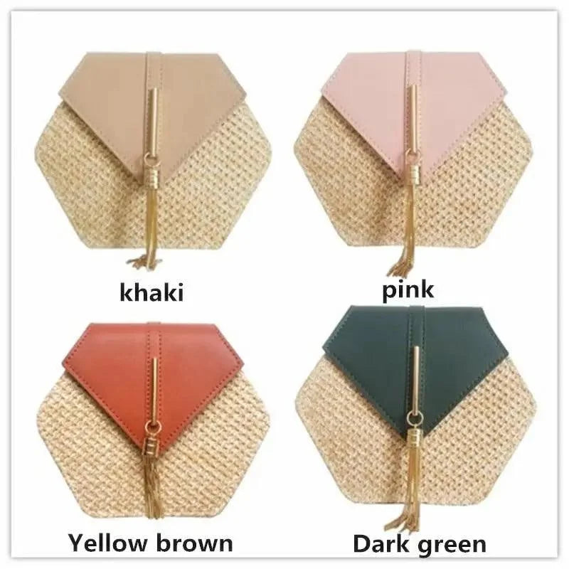 New Famous Mulit Style Straw+leather Handba For Women And Girls  New Fashion Summer Bag Handmade Woven Beach Circle Shoulder Bag