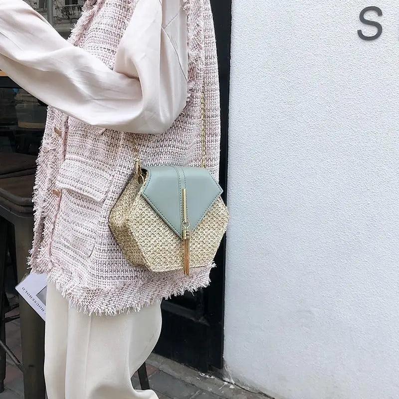 New Famous Mulit Style Straw+leather Handba For Women And Girls  New Fashion Summer Bag Handmade Woven Beach Circle Shoulder Bag