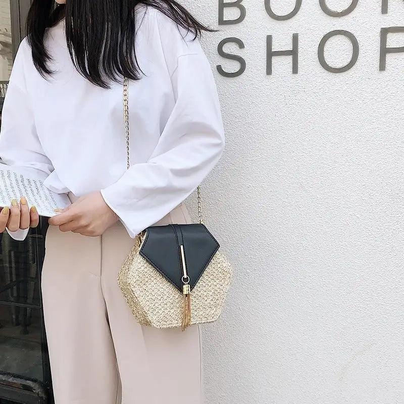 New Famous Mulit Style Straw+leather Handba For Women And Girls  New Fashion Summer Bag Handmade Woven Beach Circle Shoulder Bag