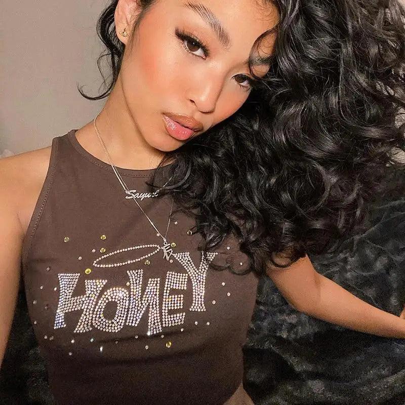 New Fashion styles cute Rhinestone sleeveless Crop Tank Top Streetwear cute tops for summer