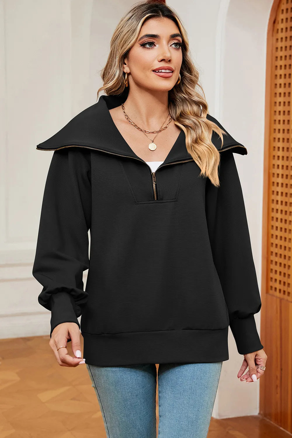 New long sleeved zipper lapel shawl pullover hoodie for women