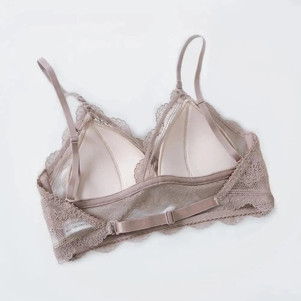 New Splendid French Style Lingerie Soft Bralette Deep V Lace Wireless Triangular Padded Cups Backless Bra