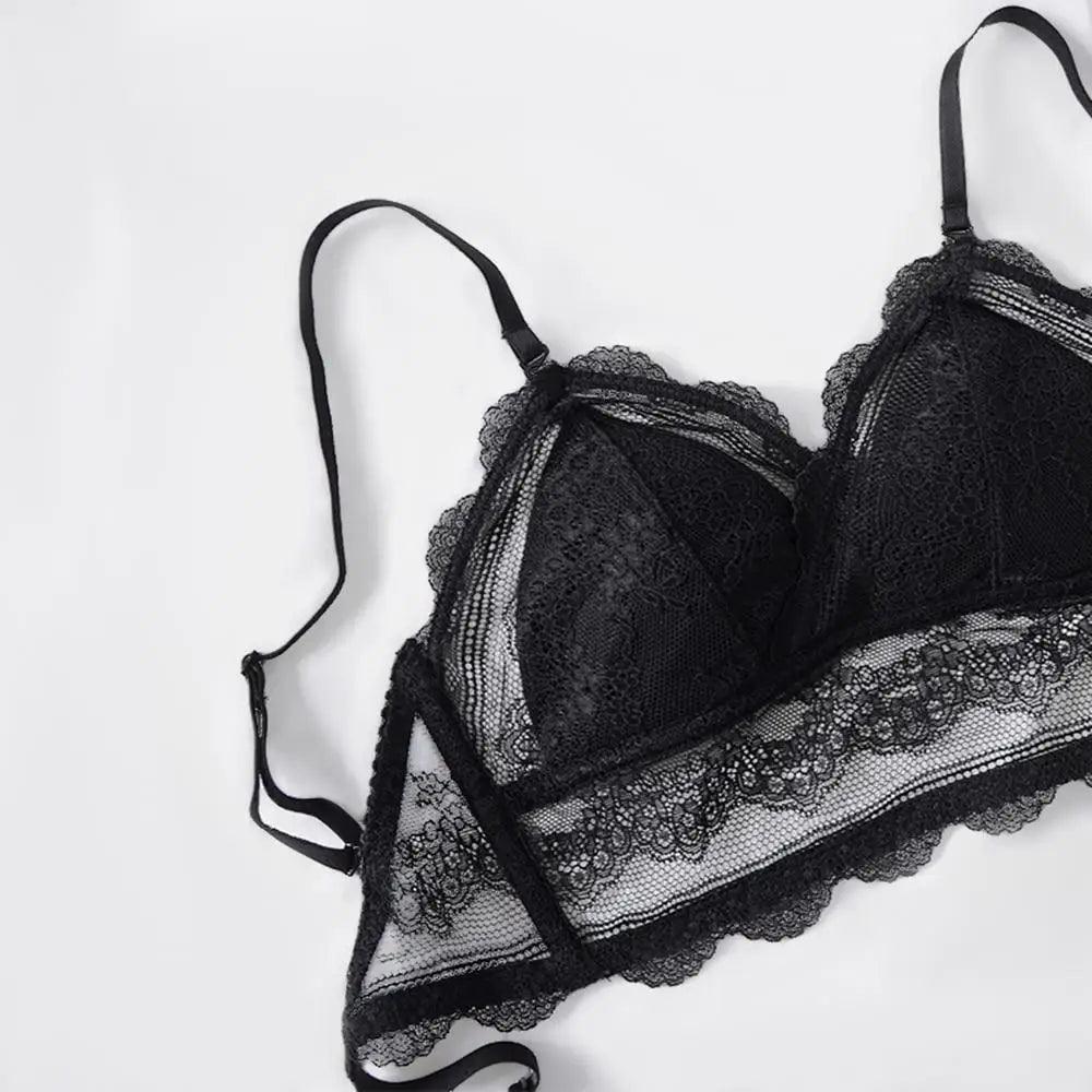 New Splendid French Style Lingerie Soft Bralette Deep V Lace Wireless Triangular Padded Cups Backless Bra