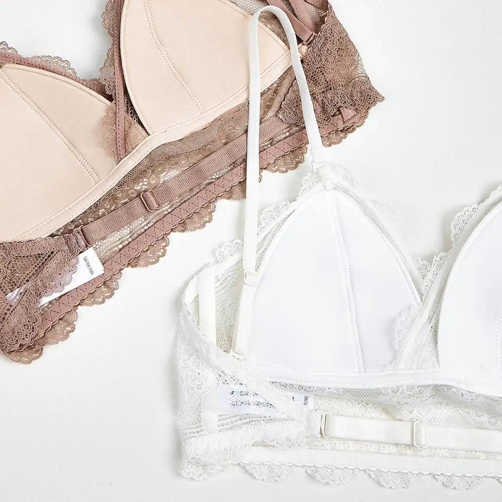 New Splendid French Style Lingerie Soft Bralette Deep V Lace Wireless Triangular Padded Cups Backless Bra