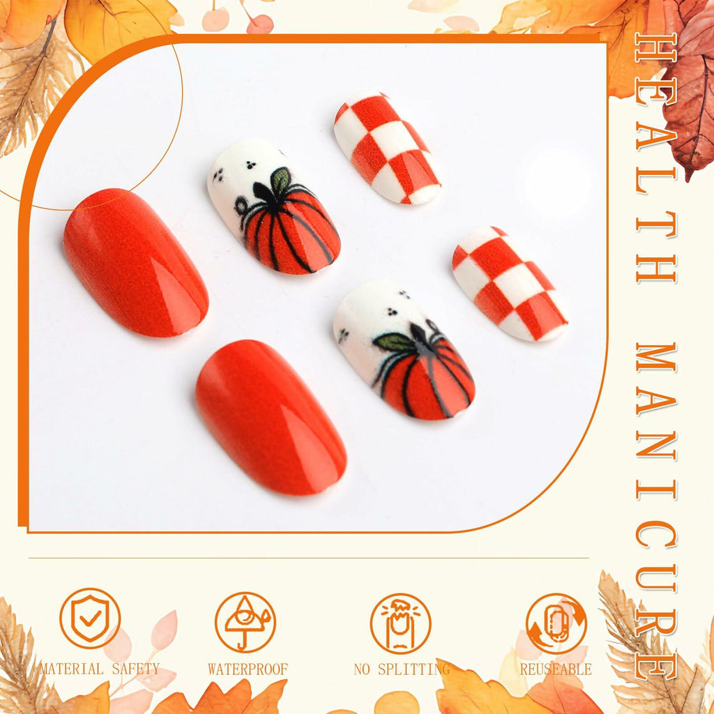 Fall Press On Nails 24Pc Short Square Pumpkin Plaid Design Stick Glue