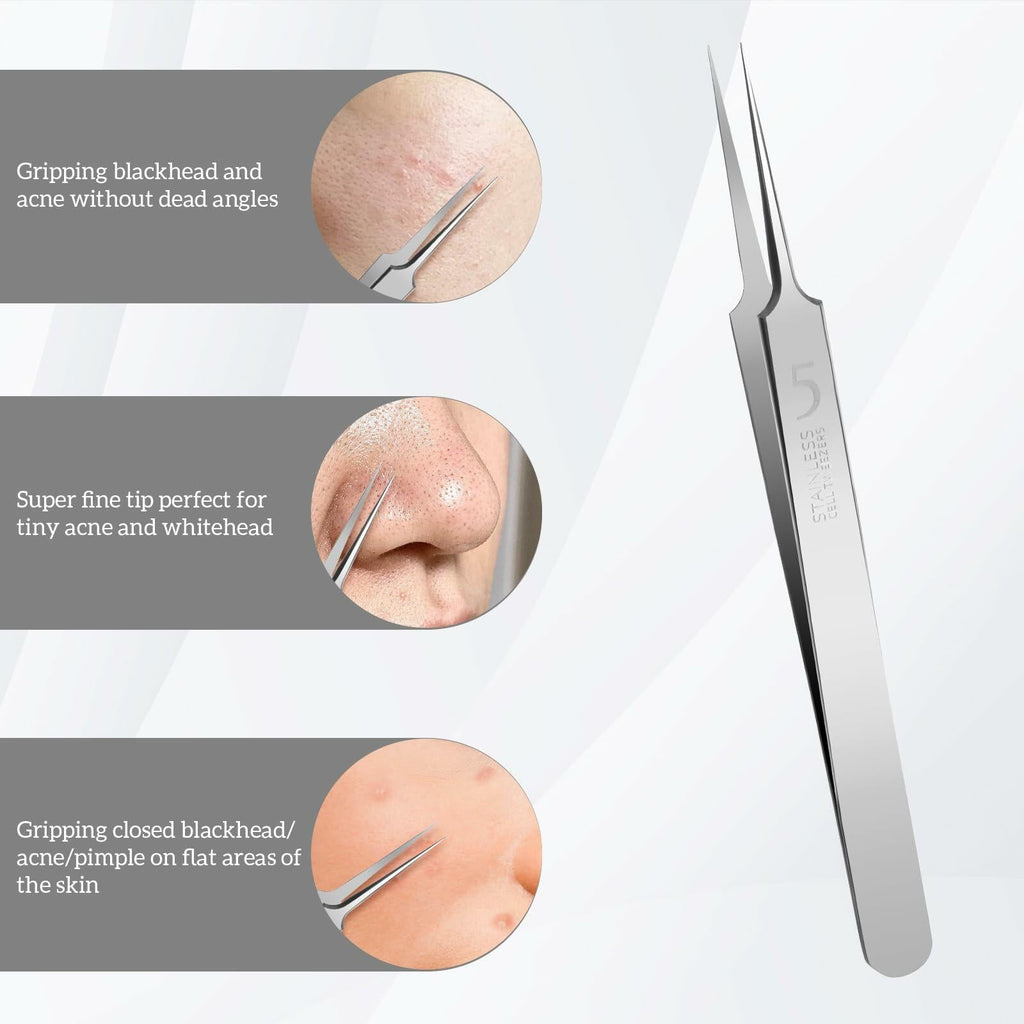 Bewudy 3Pc Stainless Steel Blackhead Remover Tweezers Kit Precision Tool