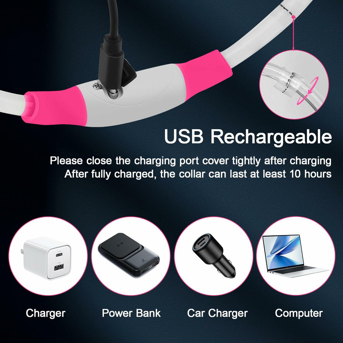 Flycoco LED Rechargeable Dog Collar Light Pink USB Adjustable Safety
