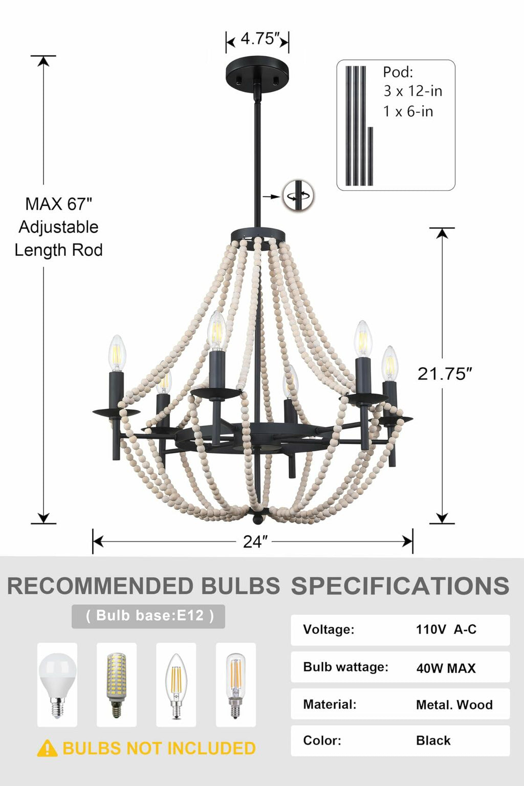 3-Light Pendant Chandelier Nature Wood Beaded Boho Black Semi Flush 12x10.5"