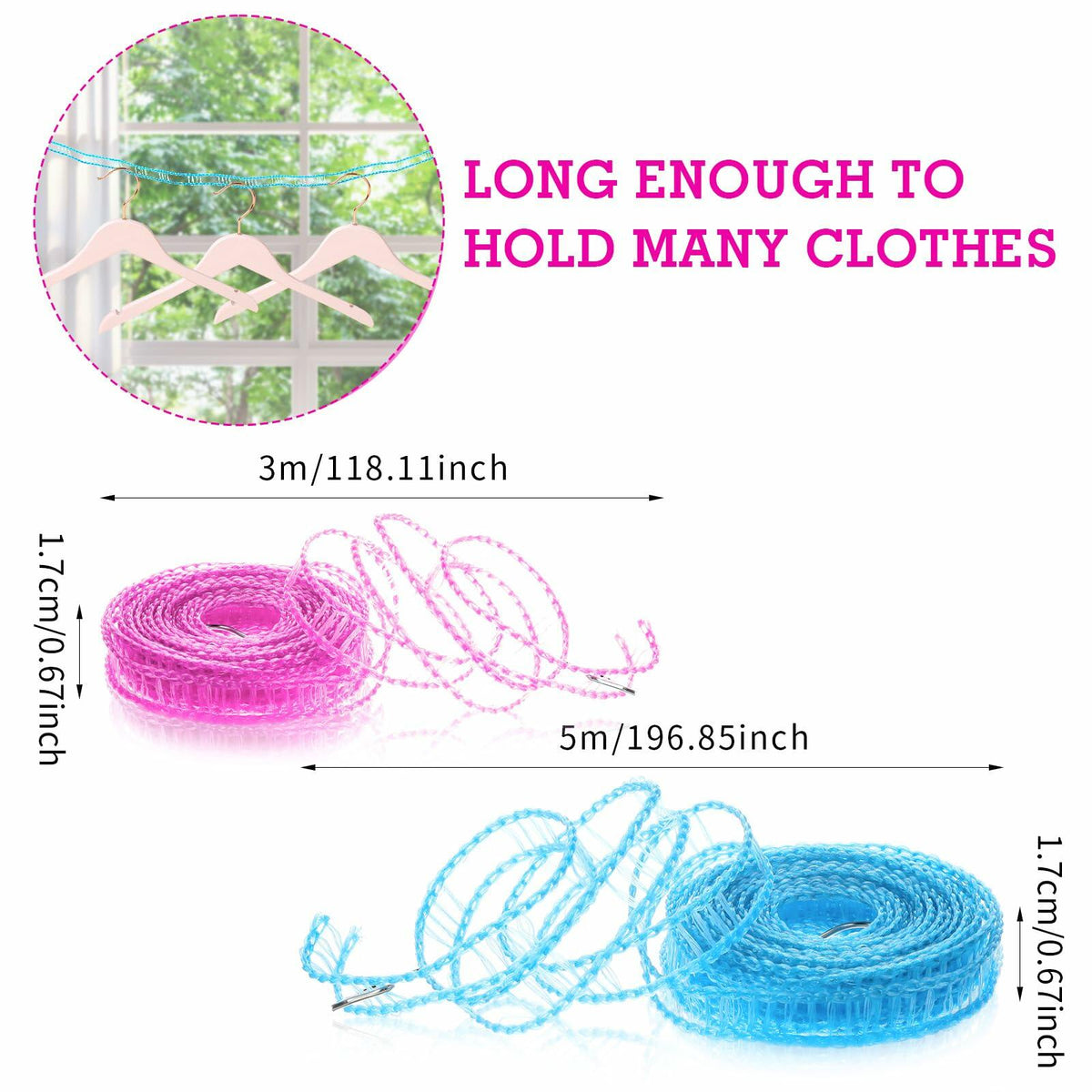 Giantree 2 Pack Retractable Windproof Clothesline Pink + Blue for Outdoor