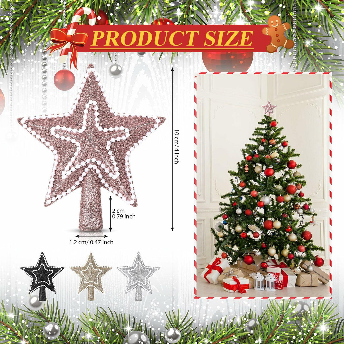 Hollowfly 4" Glitter Mini Star Christmas Tree Topper Rose Gold Pearl