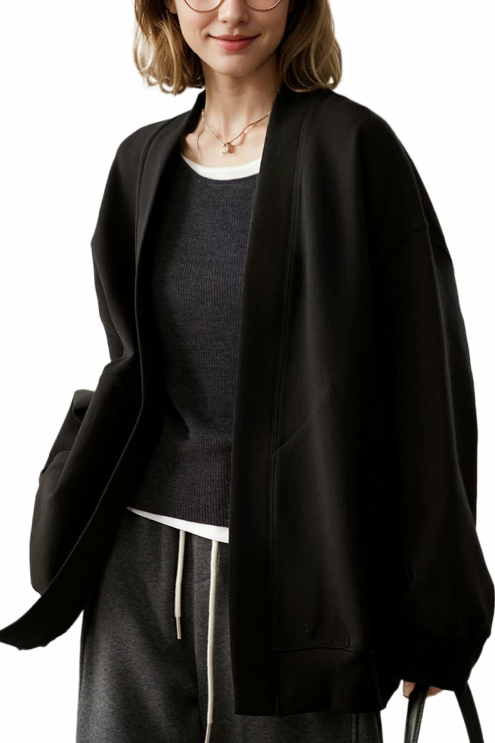 LICOBOD Women's Lightweight Cotton Open Front Hoodie Coat Black, Size L