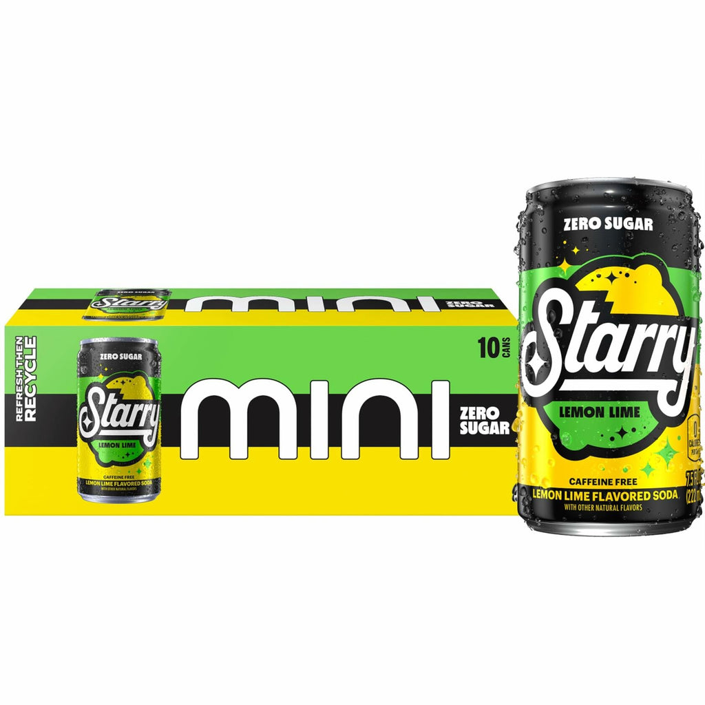 BestBy02/25 Starry Zero Sugar Lemon Lime Soda Caffeine Free Mini Cans 7.5oz 10pk