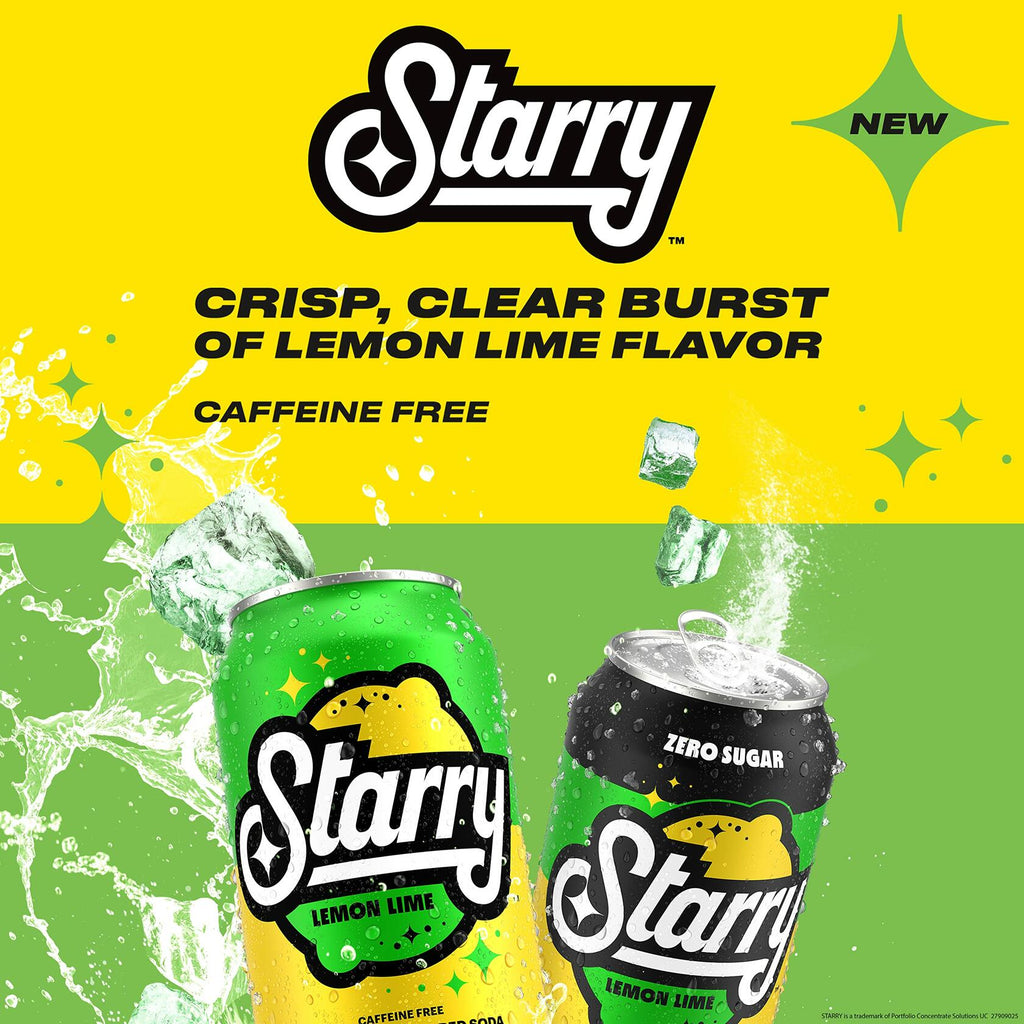 BestBy02/25 Starry Zero Sugar Lemon Lime Soda Caffeine Free Mini Cans 7.5oz 10pk