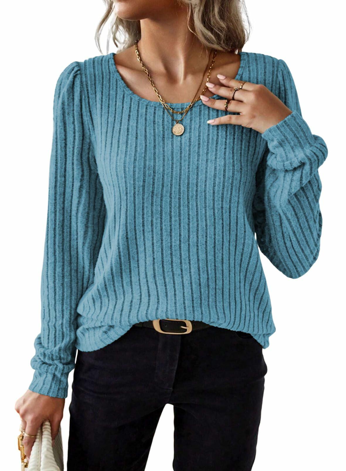 Samefar Womens Ribbed Long Sleeve Round Neck Top Blue Size Small