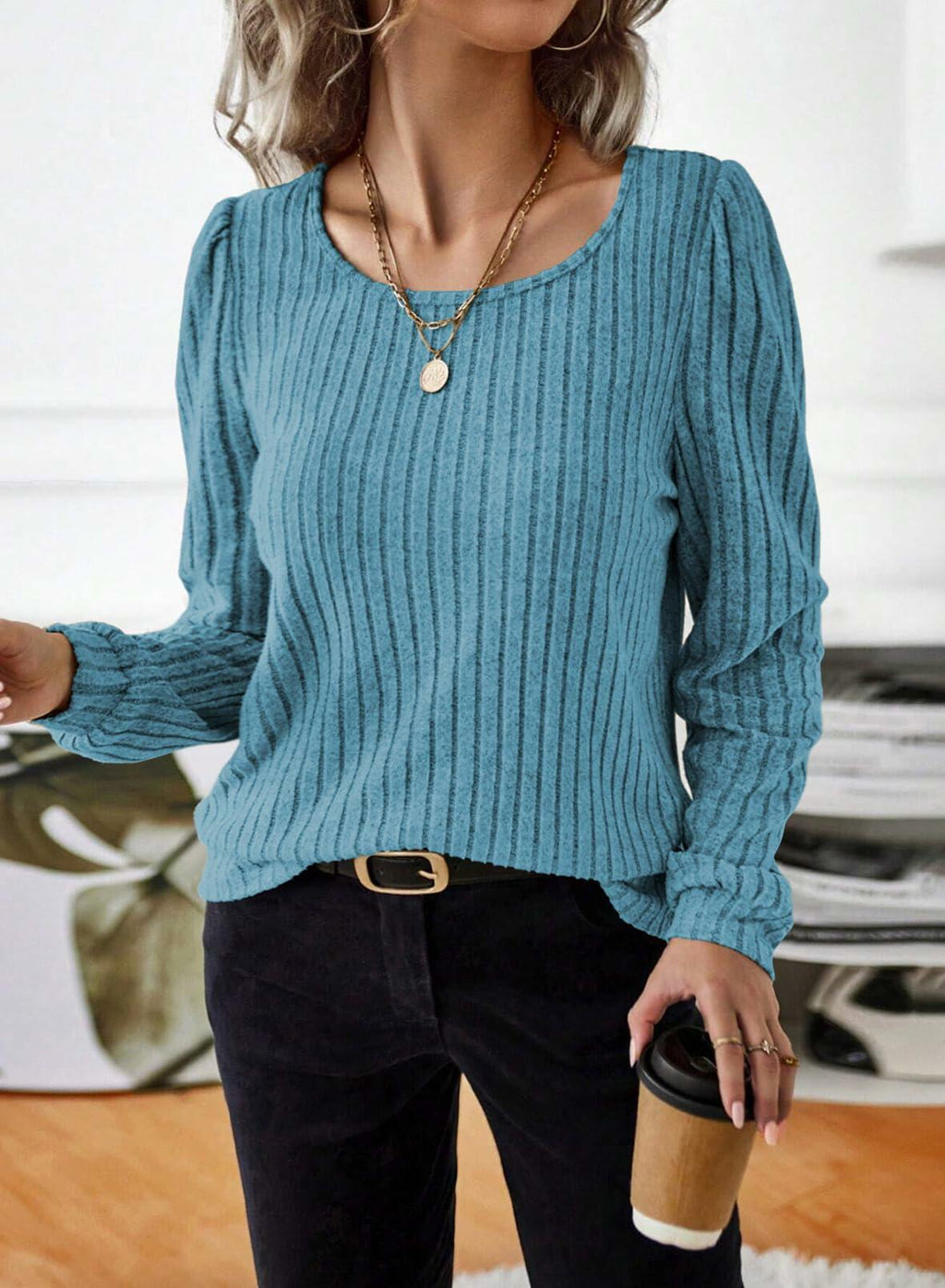 Samefar Womens Ribbed Long Sleeve Round Neck Top Blue Size Small
