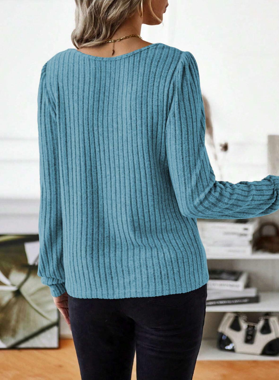 Samefar Womens Ribbed Long Sleeve Round Neck Top Blue Size Small