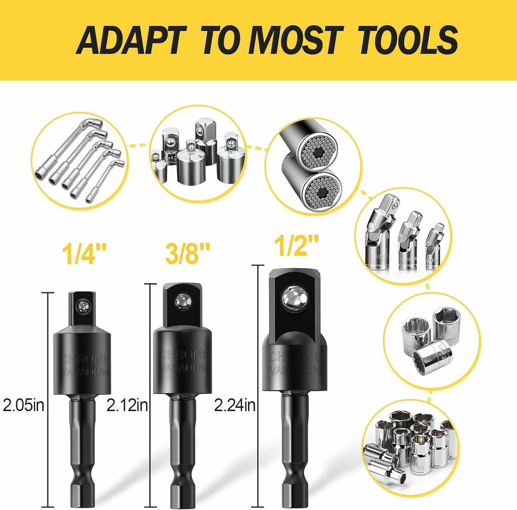 3Pcs Socket Adapter Set 1/4" 3/8" 1/2" Rotatable Impact Grade Drill Bits
