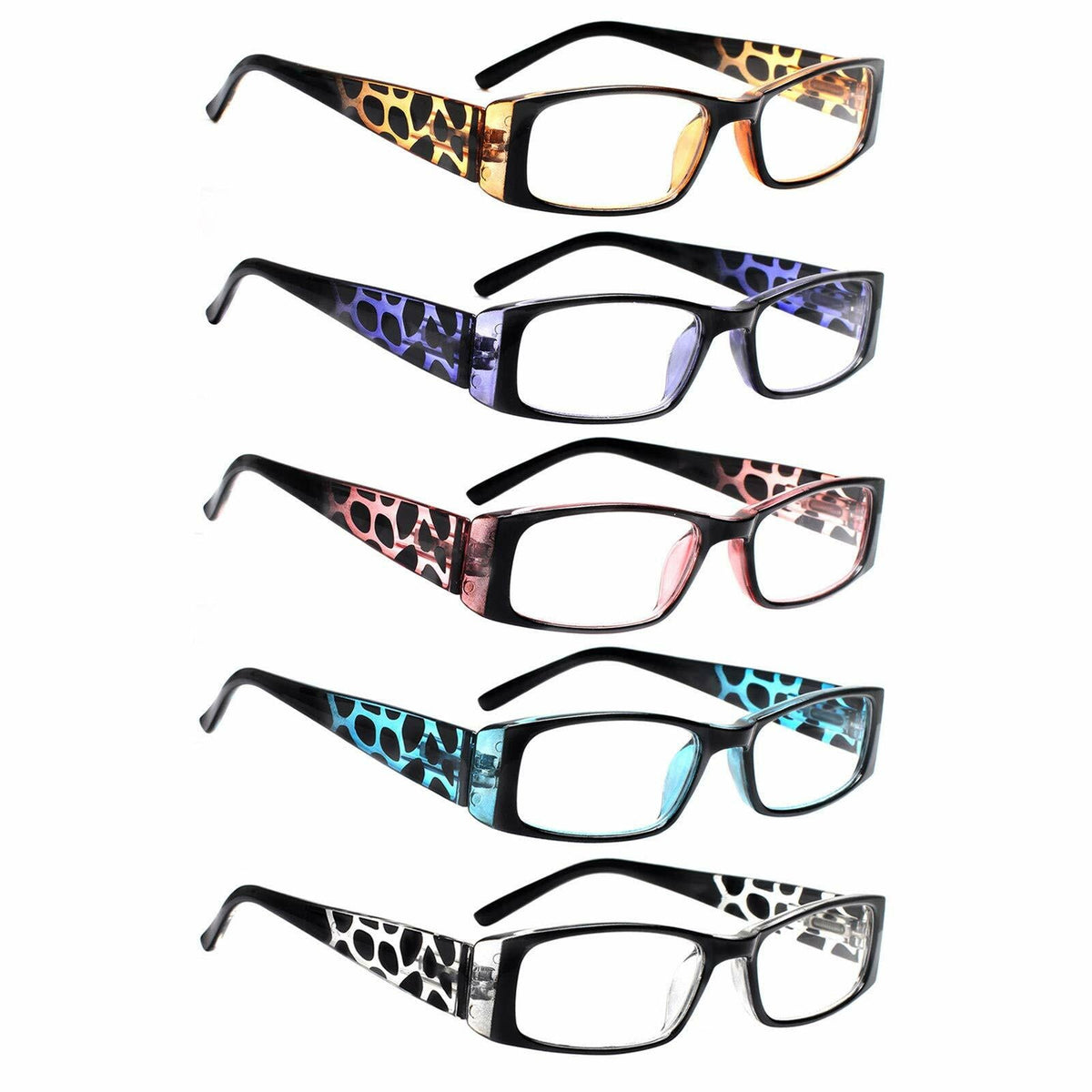[Like New] 5 Pack Spring Hinge Reading Glasses Rectangular Multicolour 2.25 Power