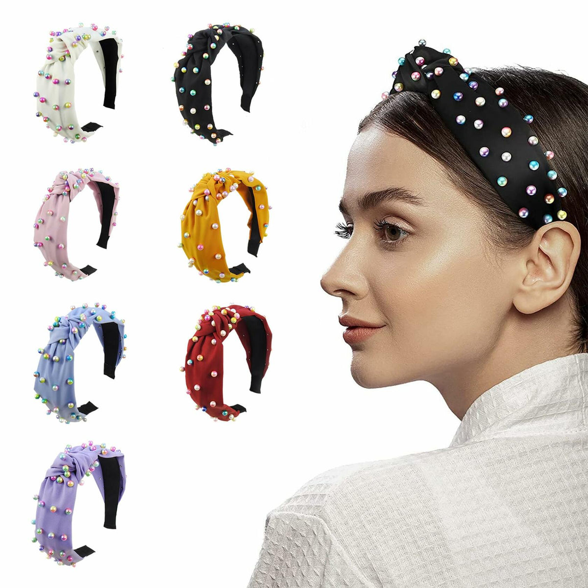 SMYAXUNW Colorful Pearl Knotted Hairband Gemstone Imitation Pearl Twist