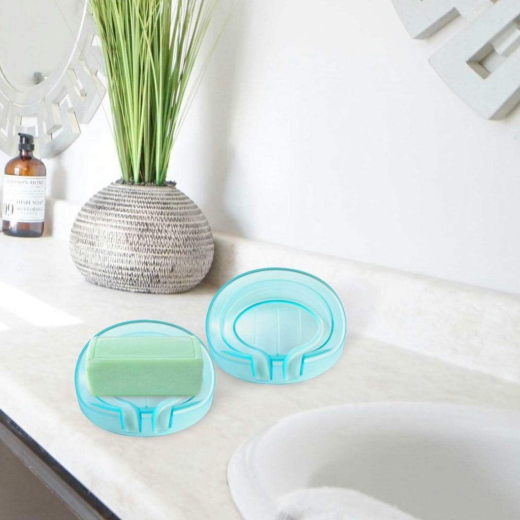 Self Draining Soap Dishes 2-Pack Waterfall Drainer Holder Blue Bathroom Kitchen