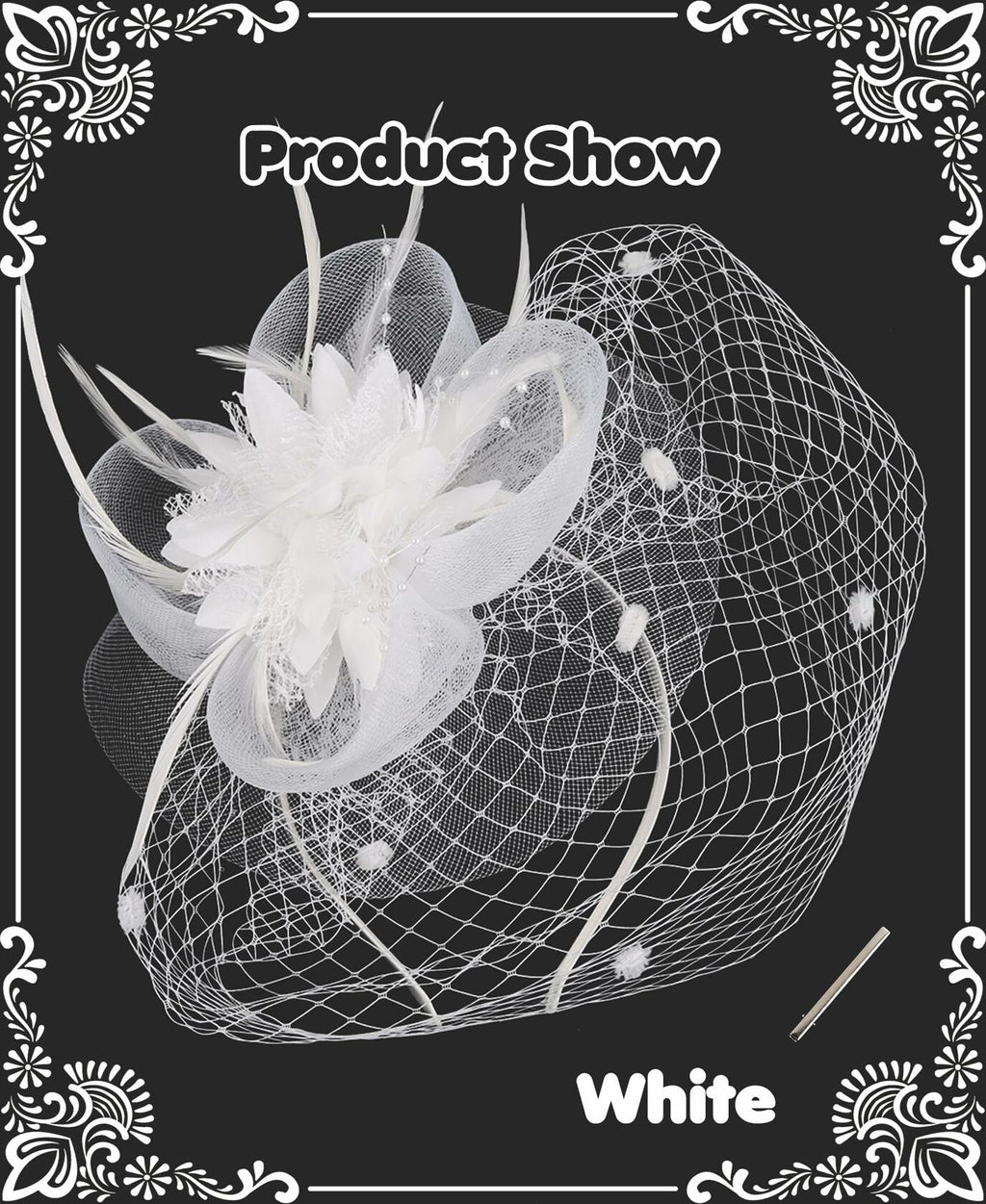 Kidukso Fascinators Hat Vintage 1925s Derby Mesh Veil Feathers White