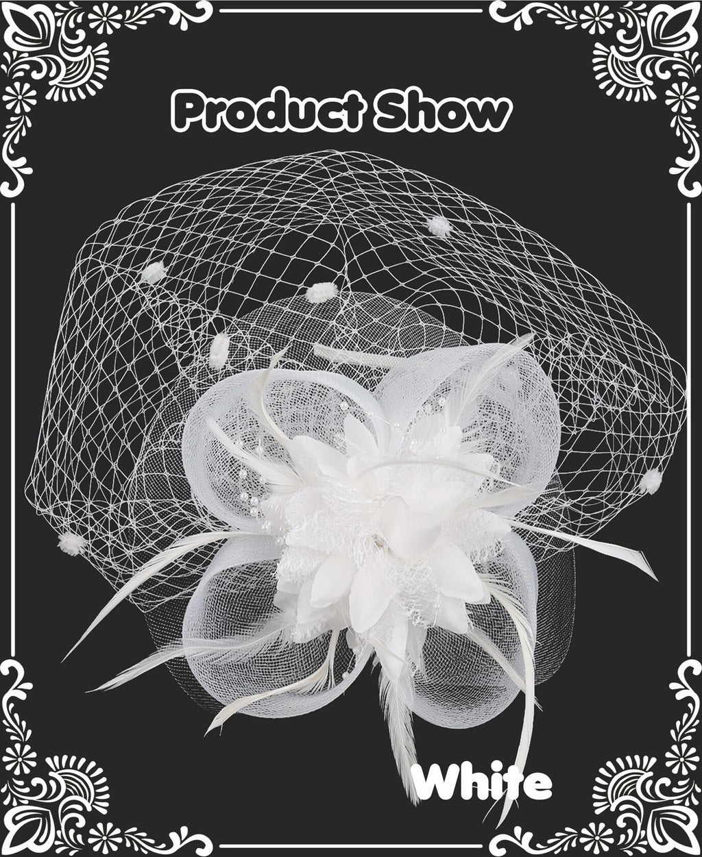 Kidukso Fascinators Hat Vintage 1925s Derby Mesh Veil Feathers White