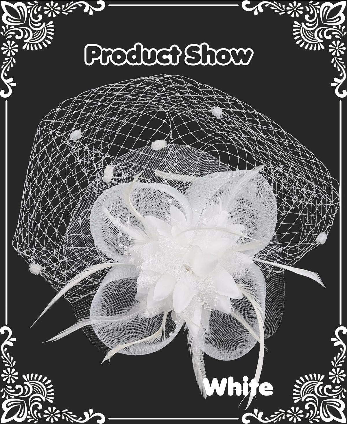 Kidukso Fascinators Hat Vintage 1925s Derby Mesh Veil Feathers White