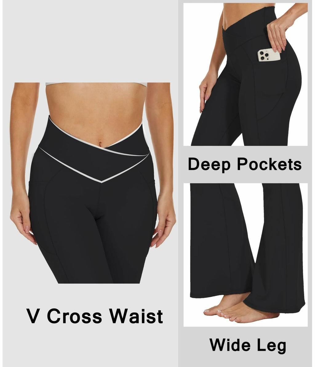 Flare Crossover Leggings with Pockets High Waisted Yoga Pants Black XS