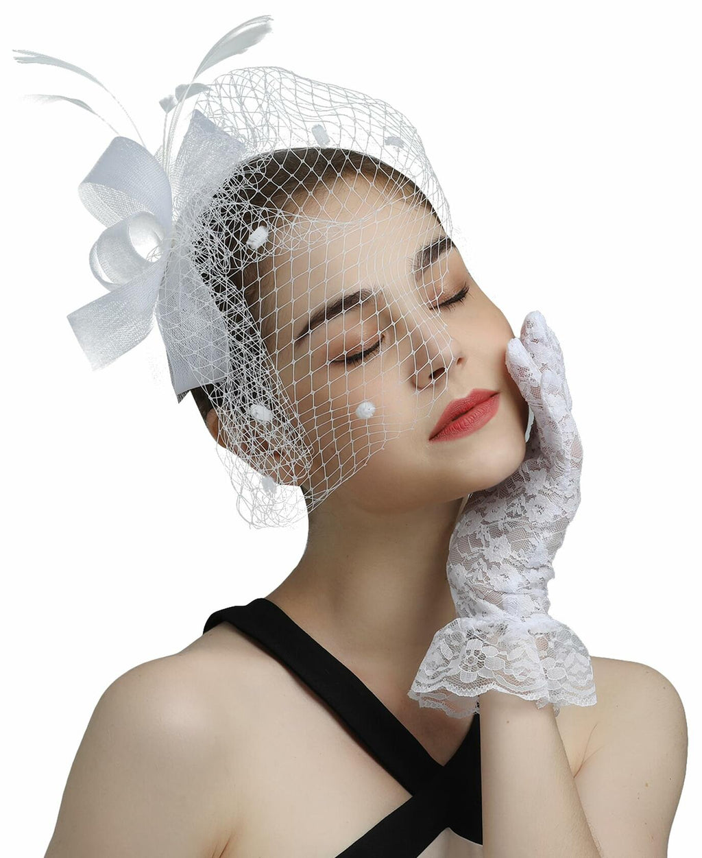 Kidukso Fascinators Hat Vintage 1930s Derby Mesh Veil Feathers White