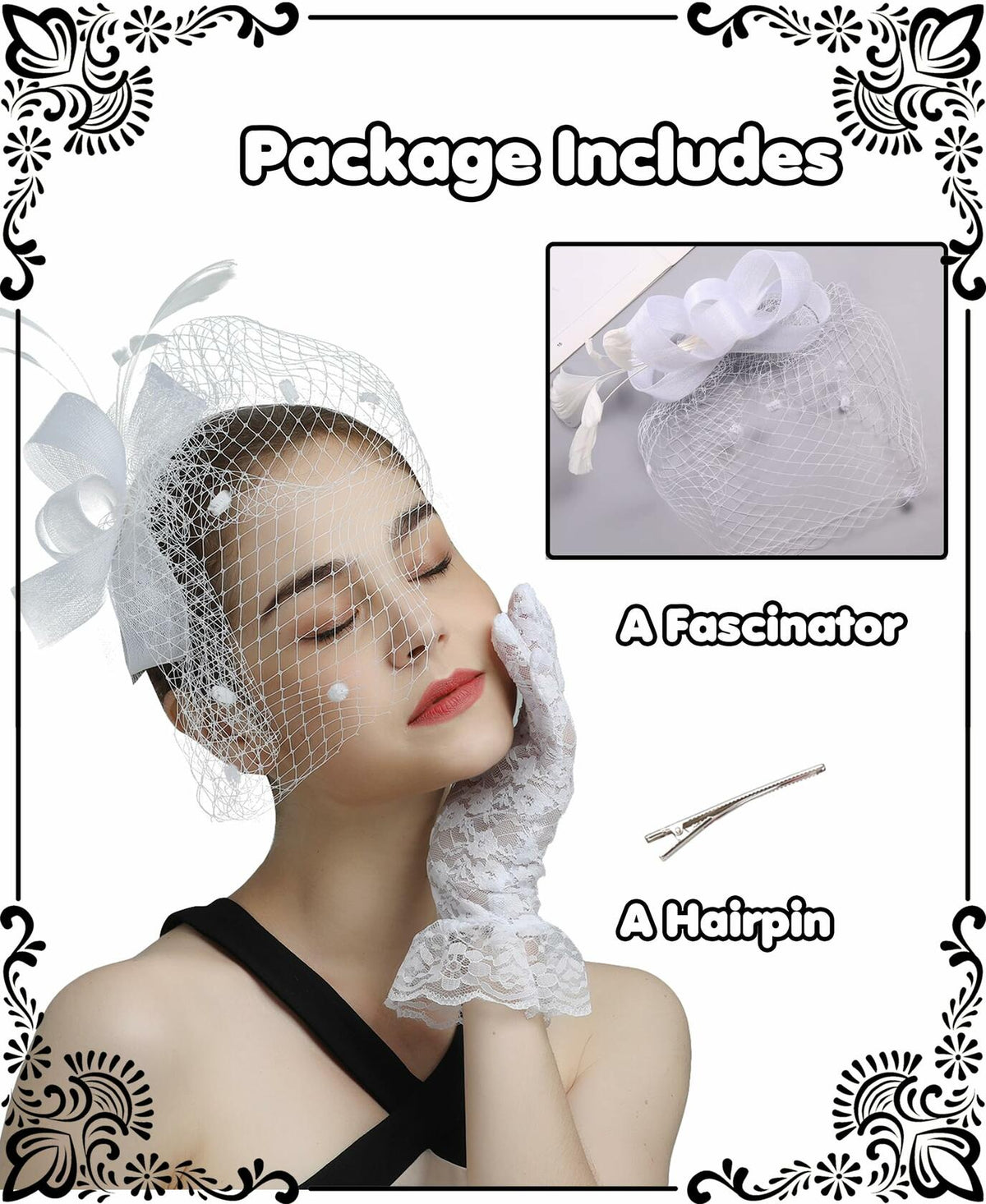 Kidukso Fascinators Hat Vintage 1930s Derby Mesh Veil Feathers White