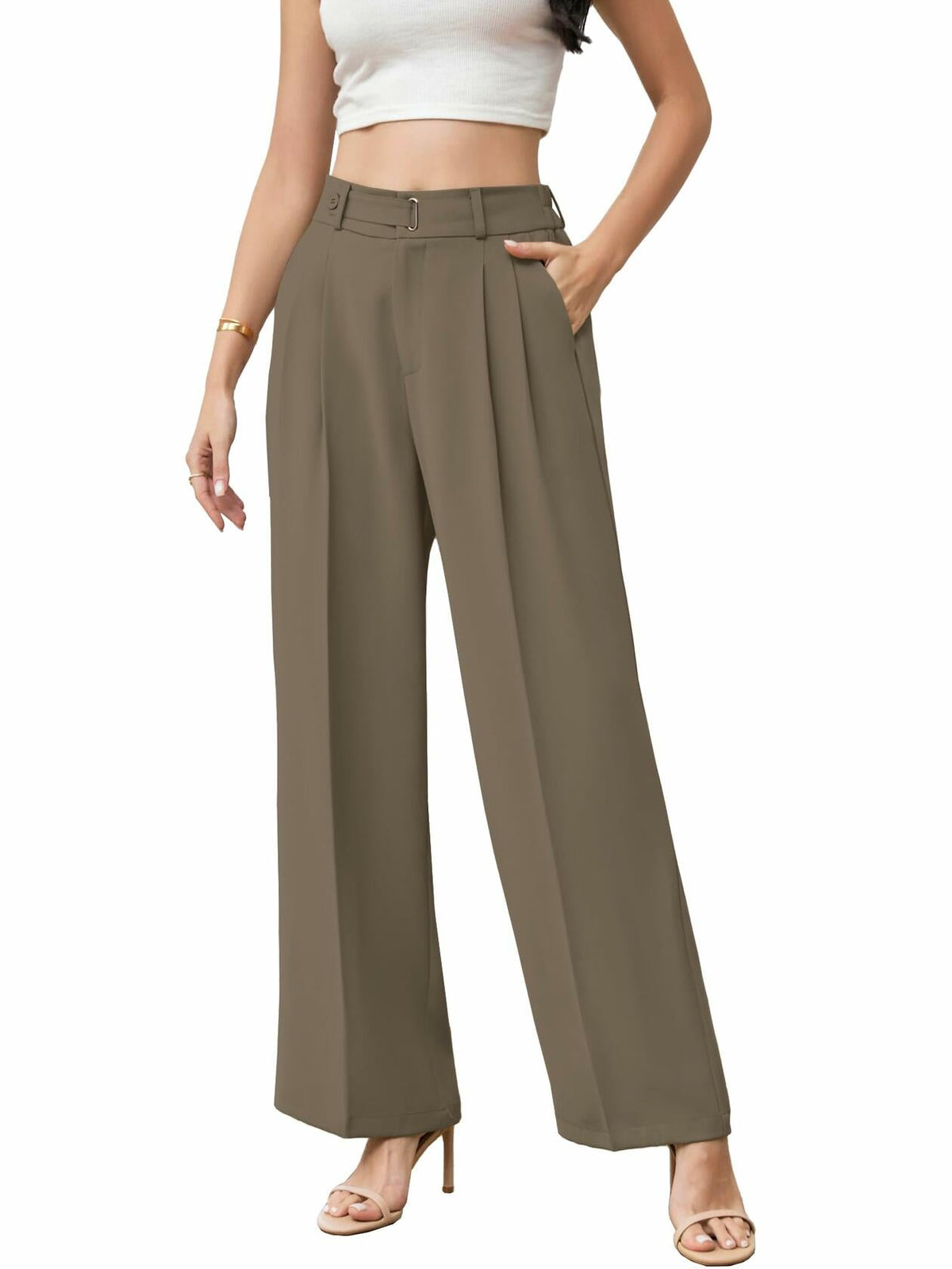 Betusline Womens Business Casual Wide Leg Long Dress Pants Brown Size Small