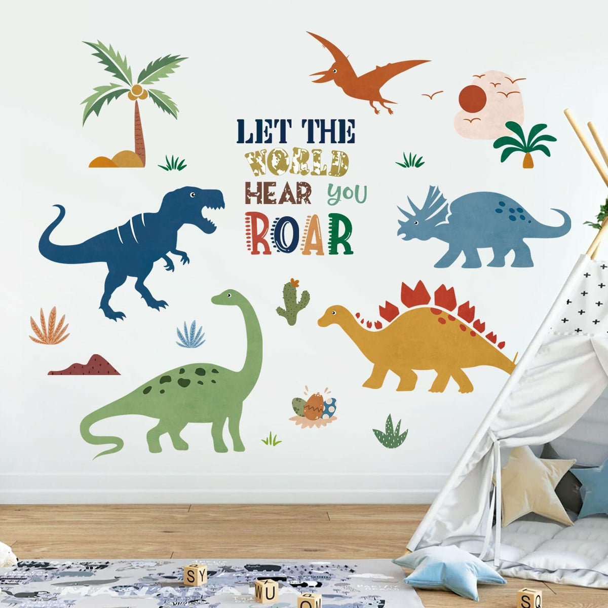 decalmile Boho Dinosaur Wall Decals Dino Palm Tree Baby Nursery Decor