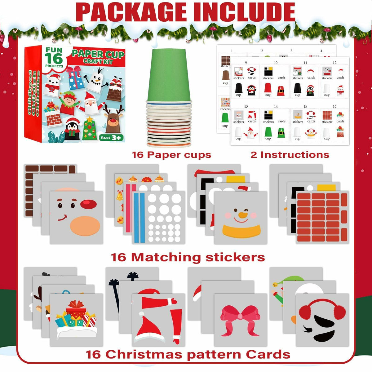ZOIIWA Christmas Craft DIY Kit 16 Pack Paper Cups Xmas Holiday Supplies