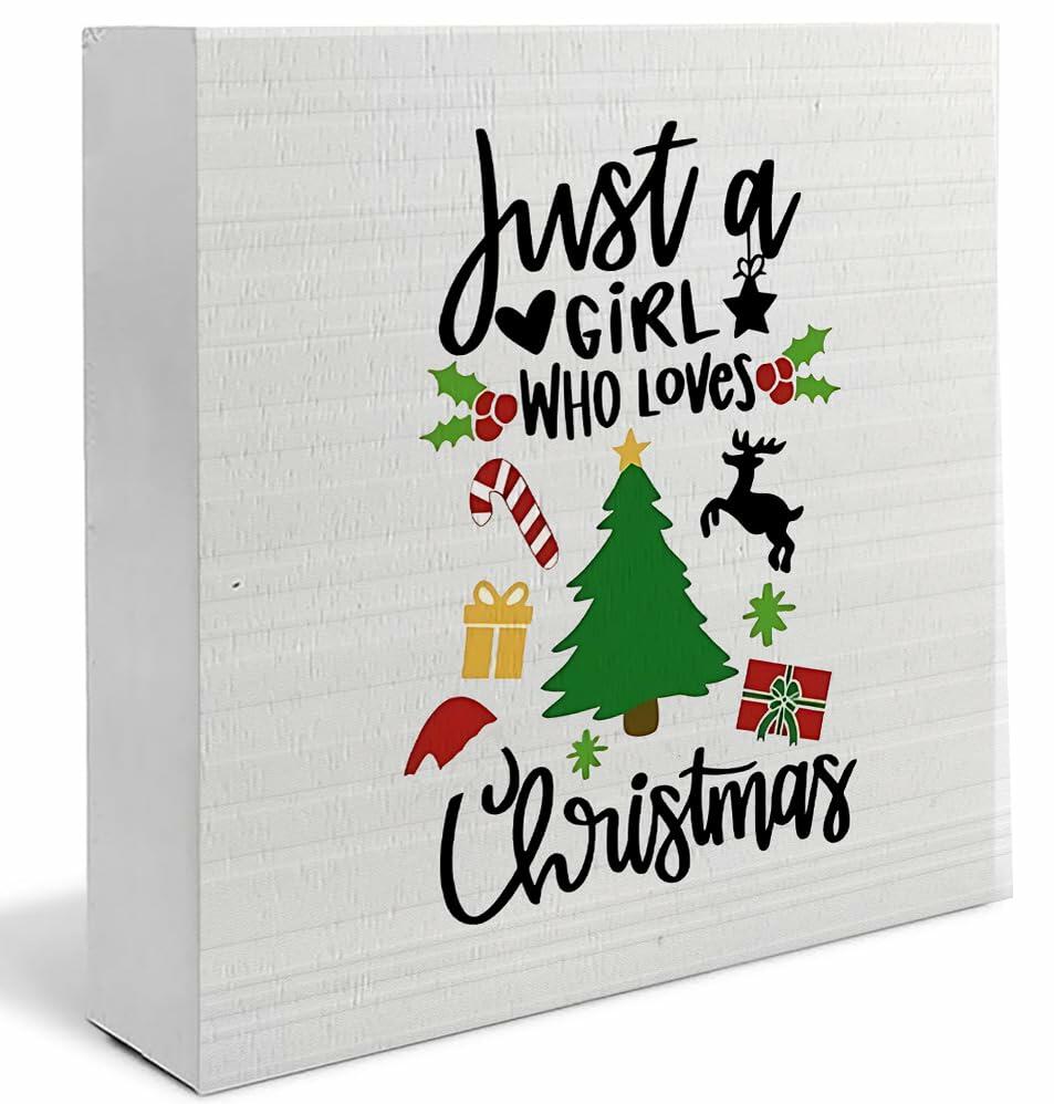 Absnfatu Christmas Wooden Box Sign Just a Girl Who Loves Christmas 5x5 Inch