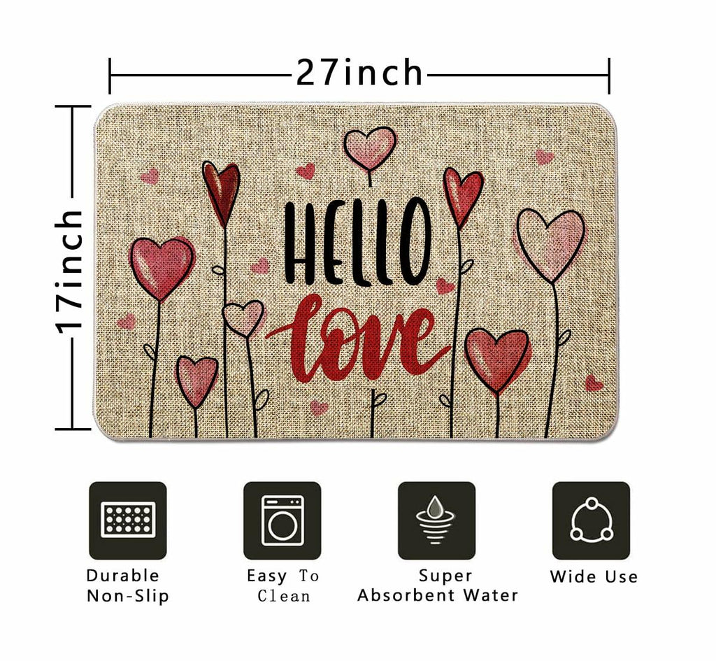 GAGEC Valentines Day Door Mat Hello Love Hearts Decorative 17x27 Inch