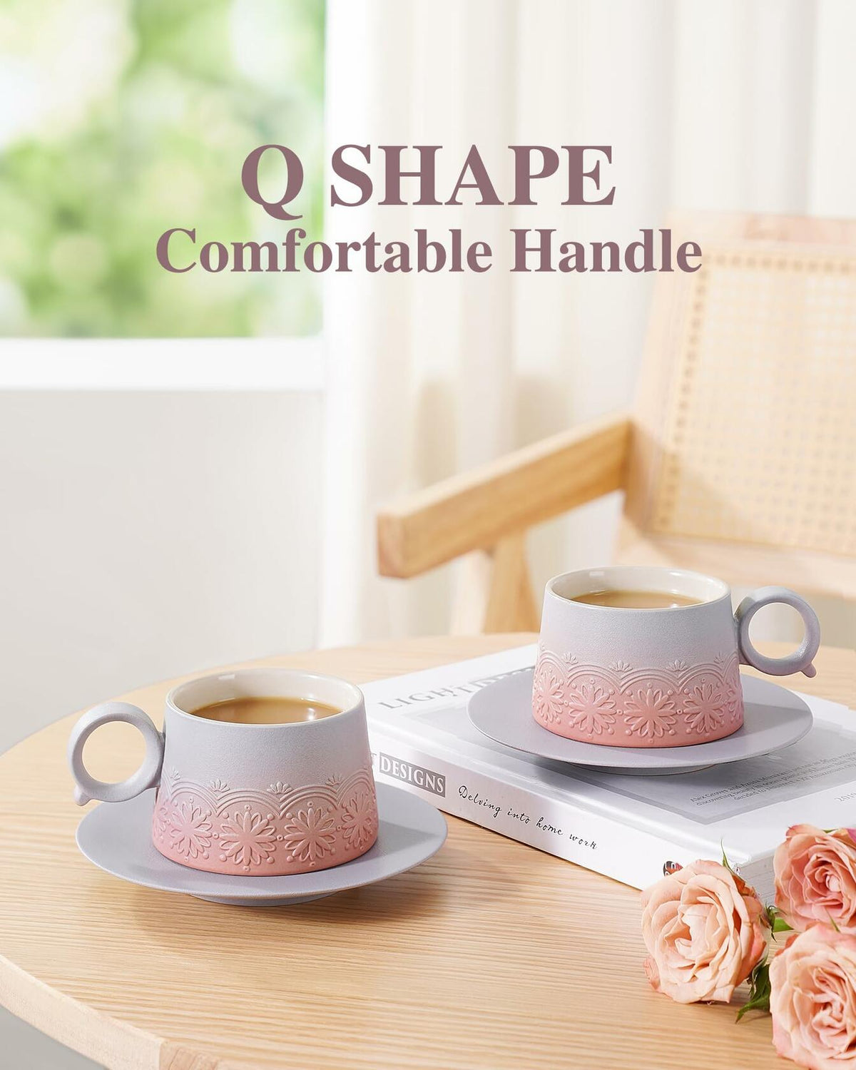 ZENS Ceramic Cappuccino Cups Set 2 Grey Pink 7.3oz Embossed Ceramic