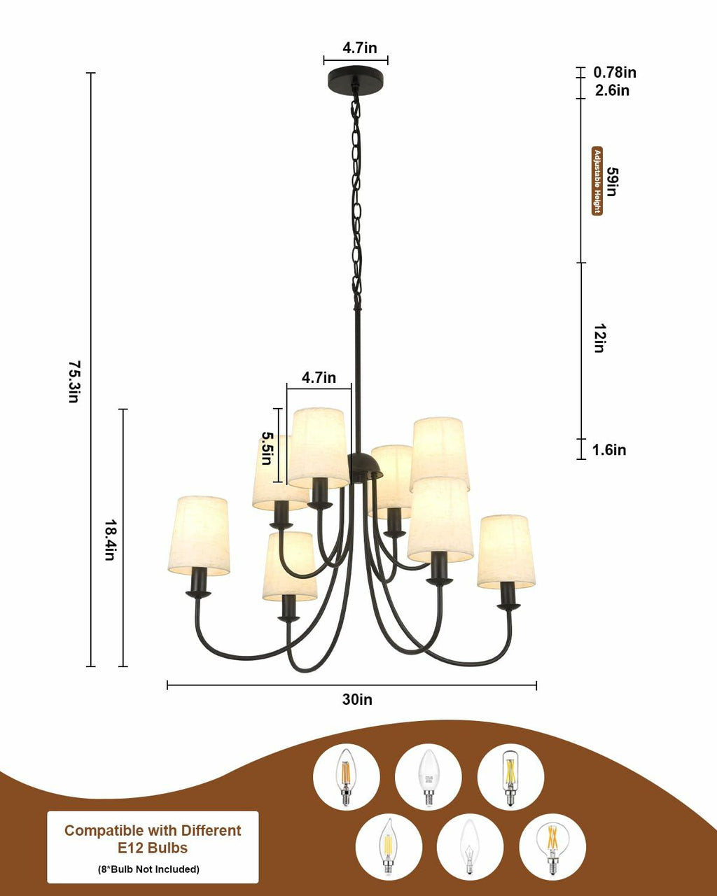 Mieloxiy 8 Light Modern Black Metal Linen Chandelier E12 Bulbs Not Included