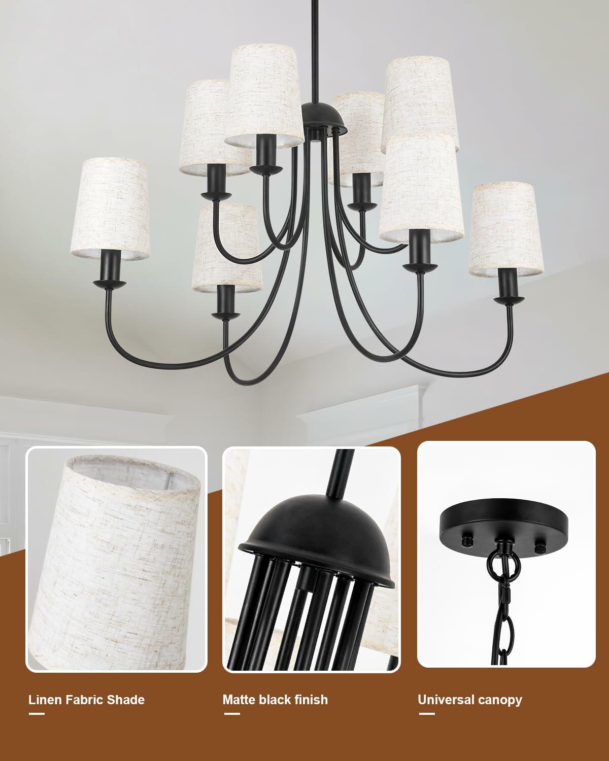 Mieloxiy 8 Light Modern Black Metal Linen Chandelier E12 Bulbs Not Included