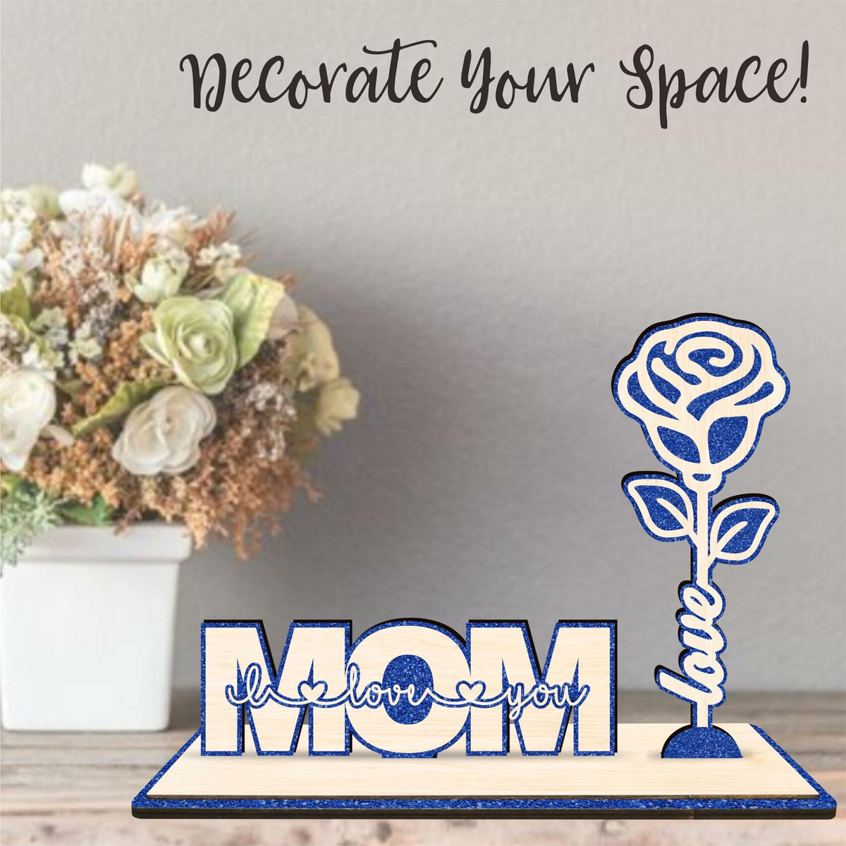 Nuckxy Wooden Rose with Stand Mom I Love You Decor Blue Desktop Ornament