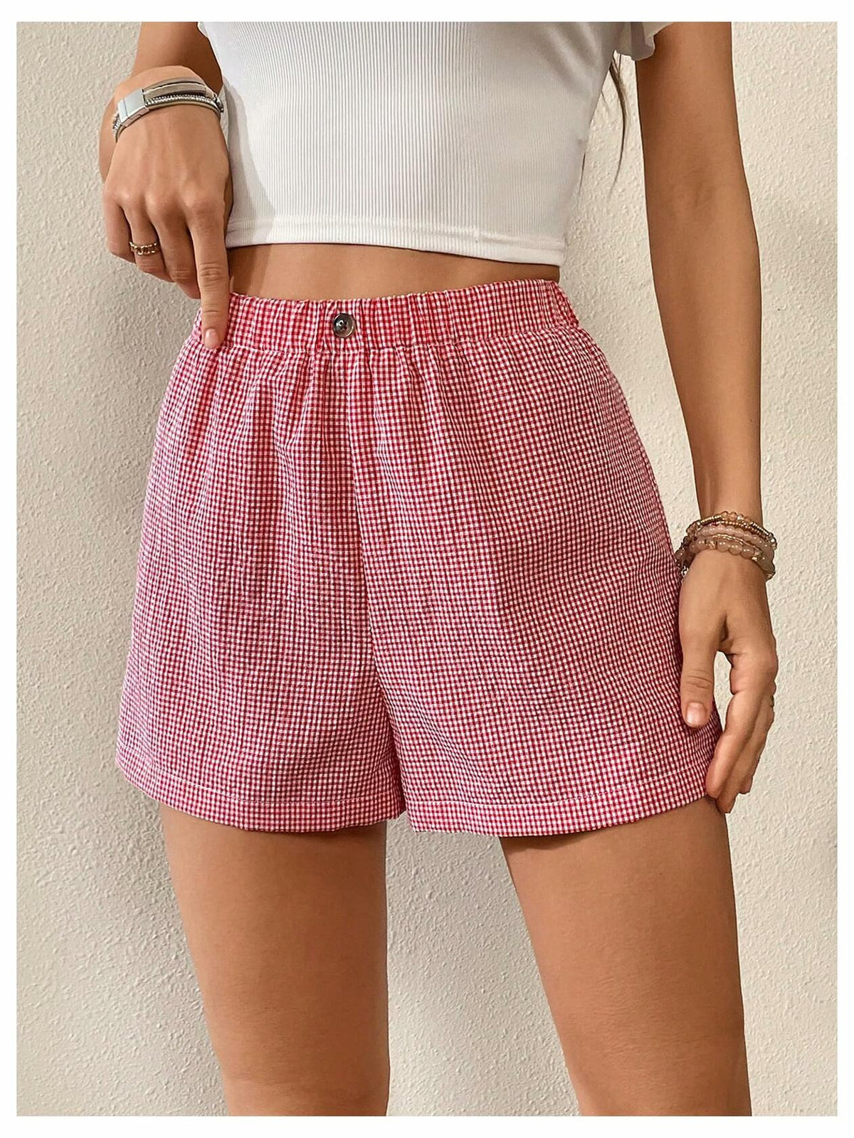 lVerdusa Women’s Plaid Elastic Waist High Waist Casual Shorts Red White XS