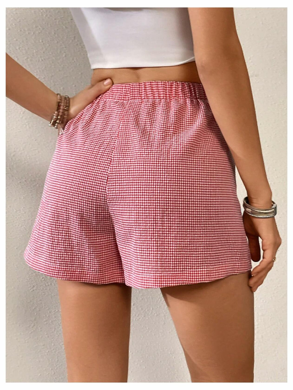 lVerdusa Women’s Plaid Elastic Waist High Waist Casual Shorts Red White XS