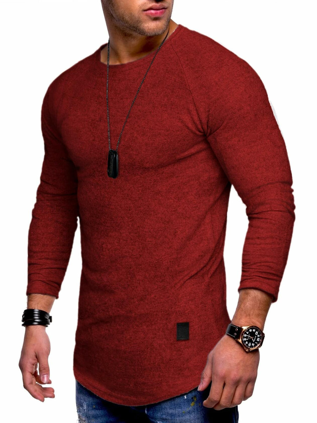Comdecevis Muscle Slim Long Sleeve T Shirt Men Gym Athletic Red Size L