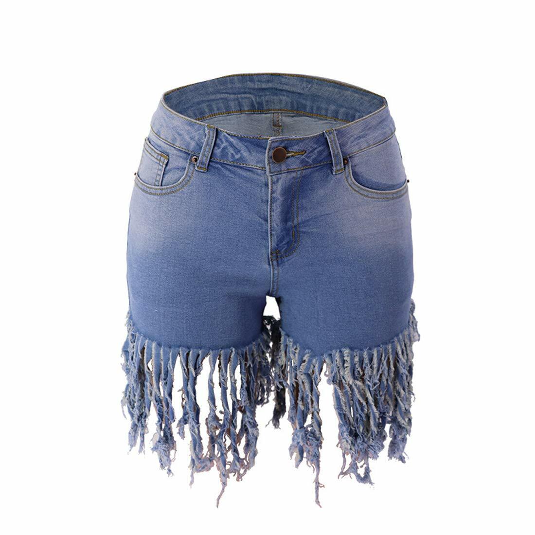 Weigou Women Denim Shorts High Waisted Tassels Frayed Raw Hem Light Blue Size S